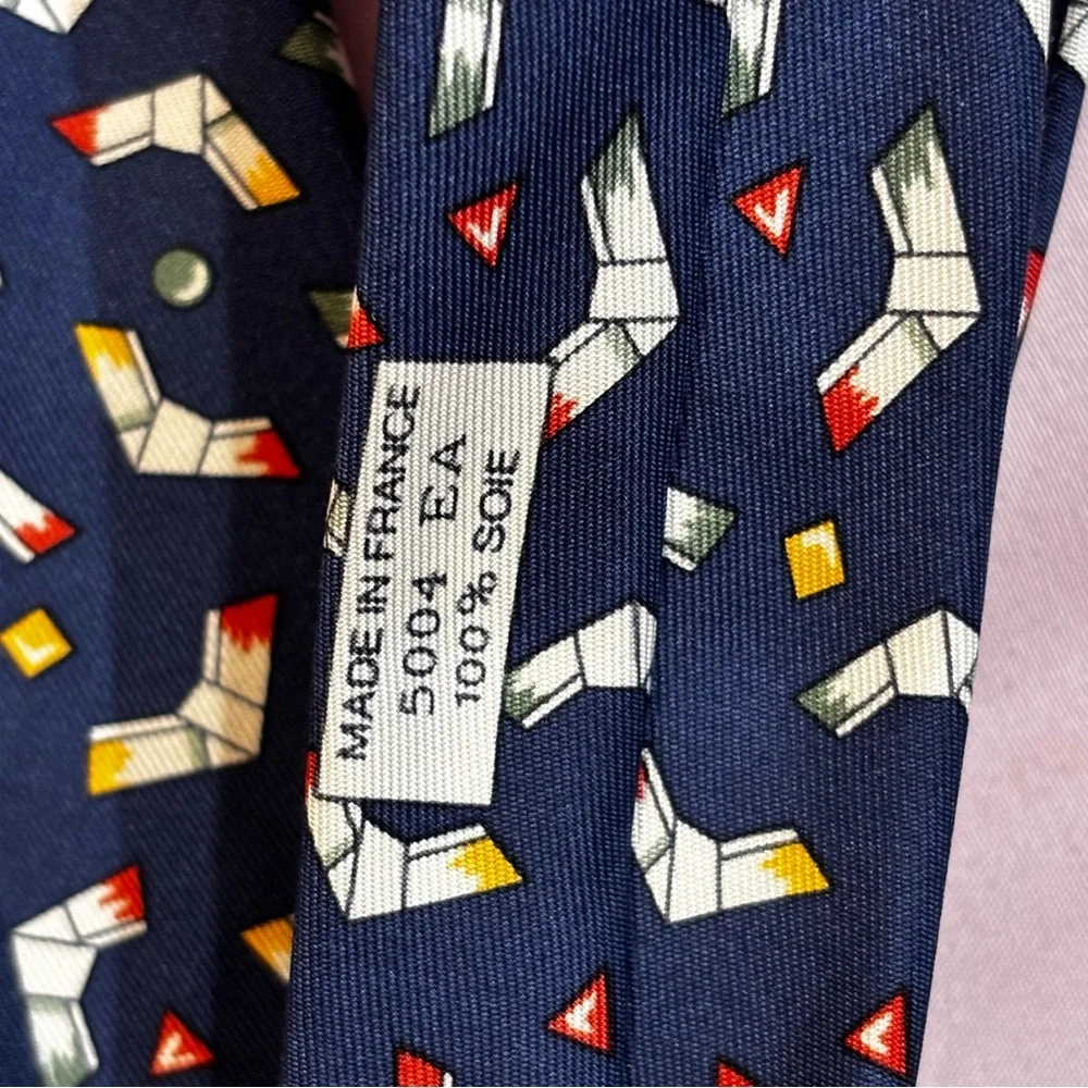 Hermes 5004 EA Navy Blue Colorful Boomerang Print Men's Pure Silk Tie